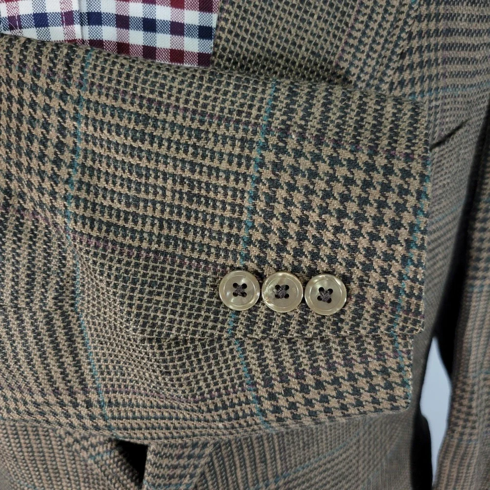 VTG JOS A BANK Men's Sport Coat Blazer Two Button‎ Brown Plaid 100% SILK 44R